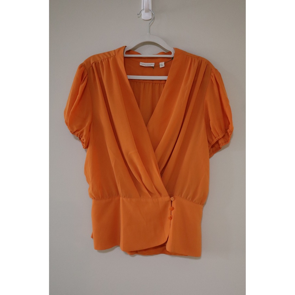 Business Casual Eva Mendes NY&Co Blouse L Orange Surplice Puff Sleeve Top